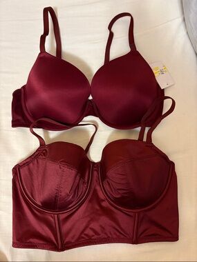 Auden Wine Red Satin Bra and Longline Bustier Set